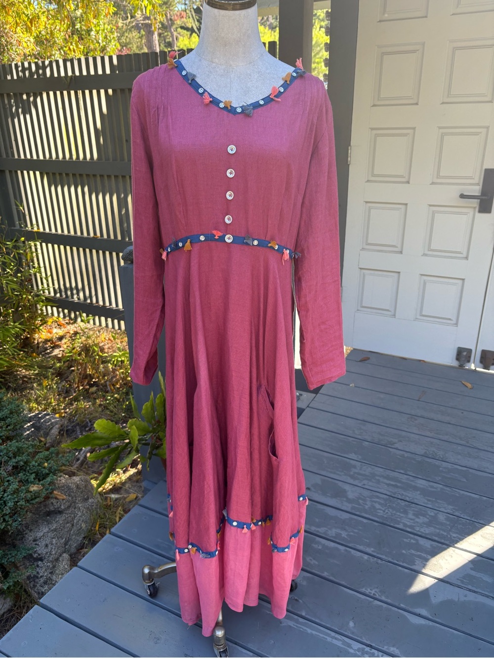 Ewa I Walla Pink Linen Button Tassel Long Sleeve Boho Maxi Dress